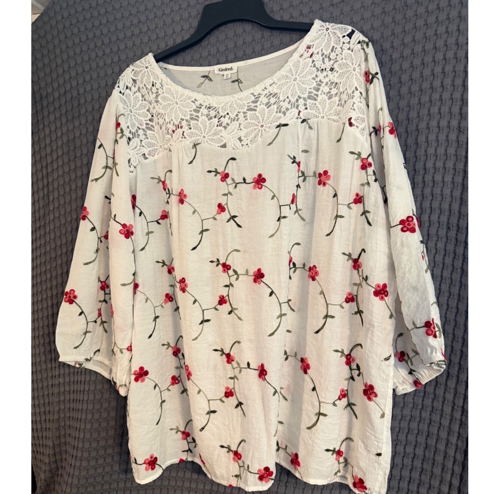 Kindred Blouse Womens 3X White Excellent Floral Embroidered Lace Yoke 3/4 Sleeve